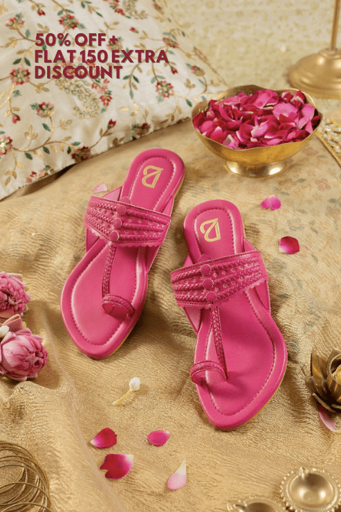 Fuchsia Braided Pattern Plain Kolhapuris - Label Deepti Bajaj