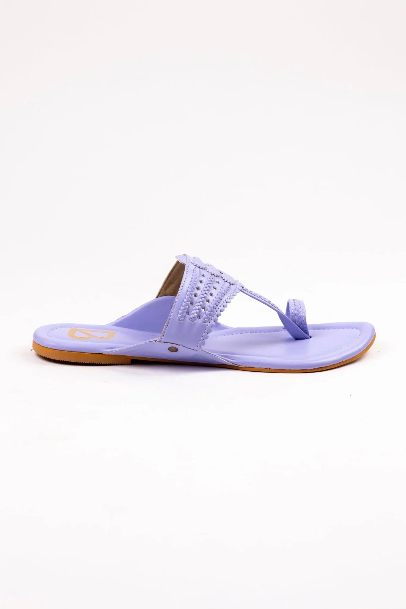 Handcrafted lavender leather women's jutti sandal with embroidered strap and tan sole on white background