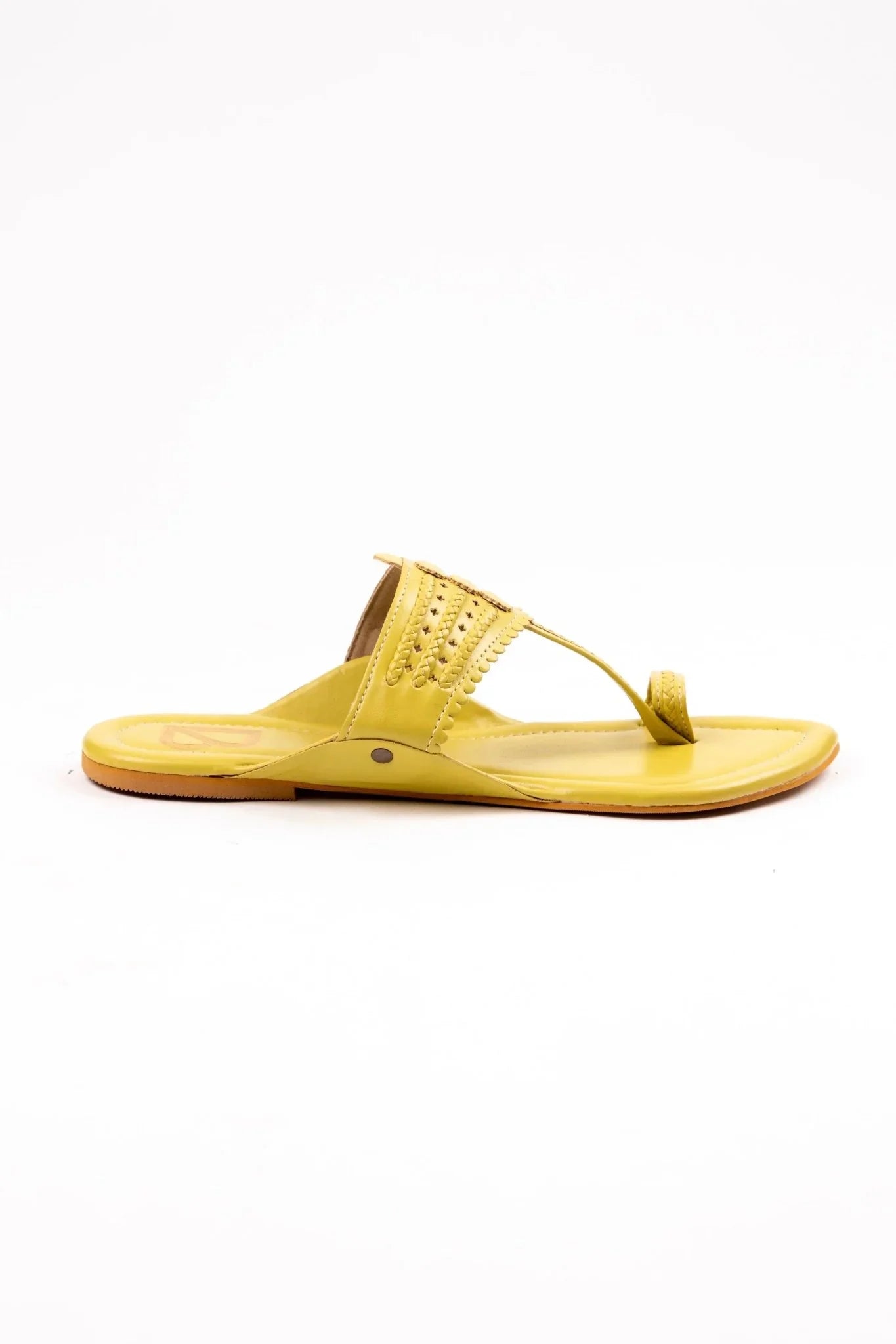 Yellow handcrafted women's jutti sandal with toe loop and decorative braided design by Label Deepti Bajaj