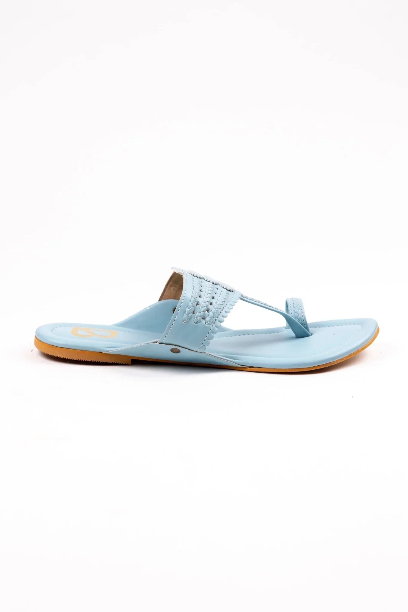 Light blue handcrafted women's jutti sandal with toe loop and stitched details from Label Deepti Bajaj