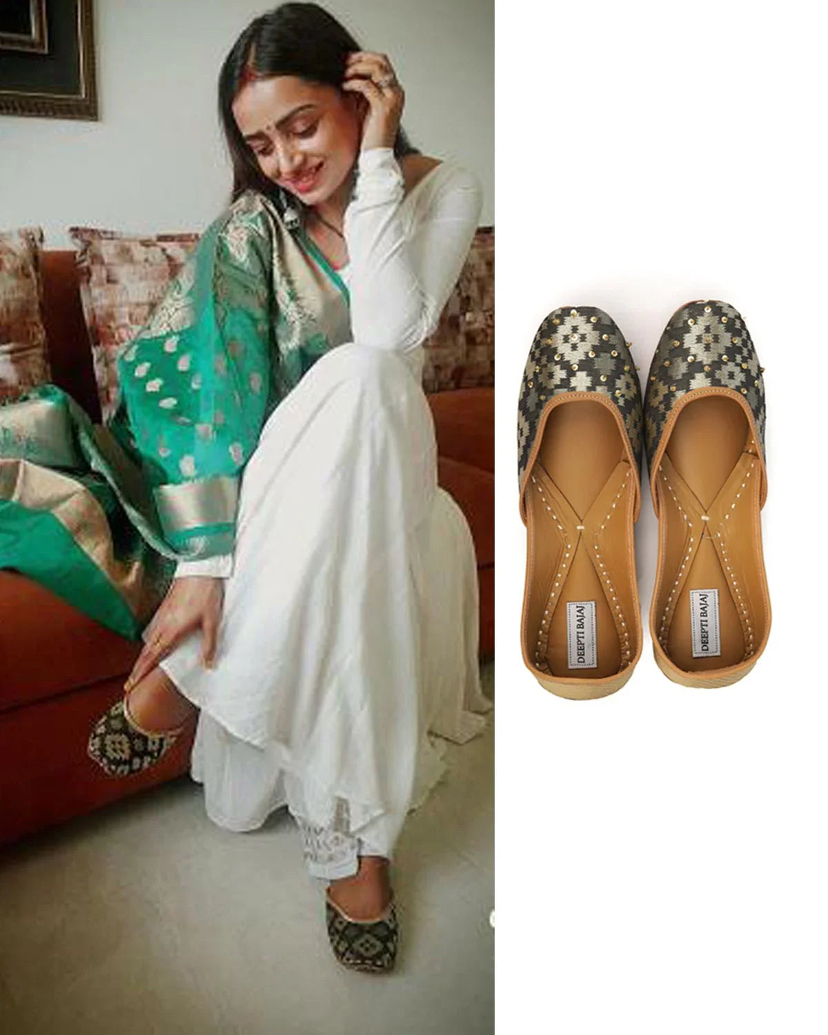 Woman in traditional white and green attire seated on sofa wearing stylish black and gold embroidered jutti shoes from Label Deepti Bajaj