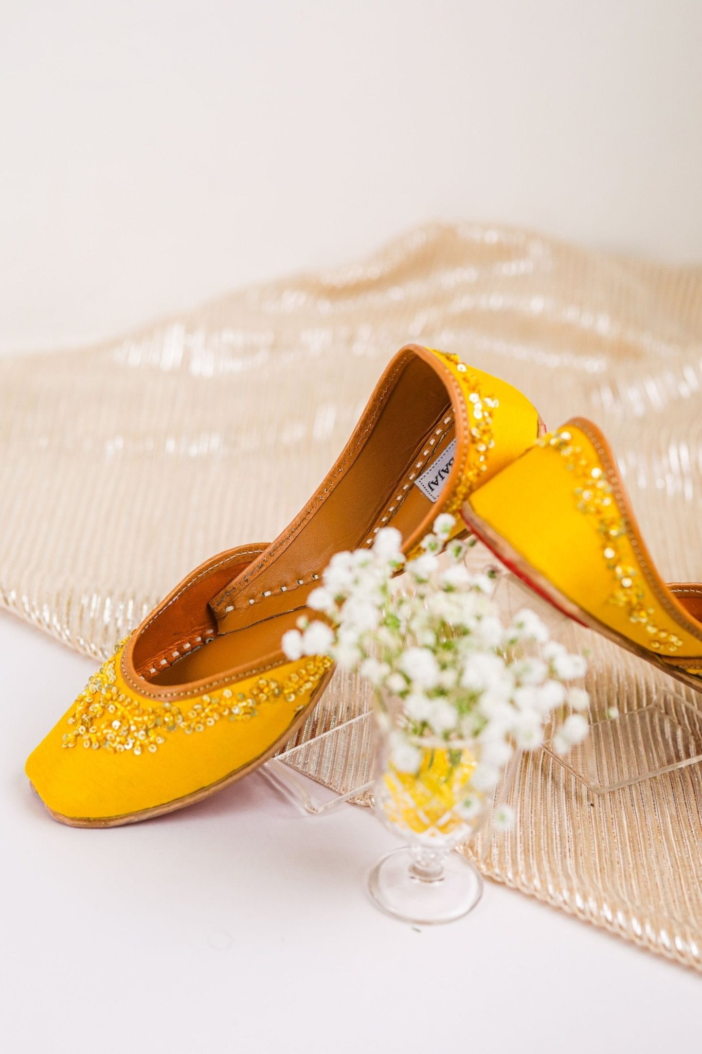 Yellow Sequin Lily Bloom Embroidered Juttis - Label Deepti Bajaj