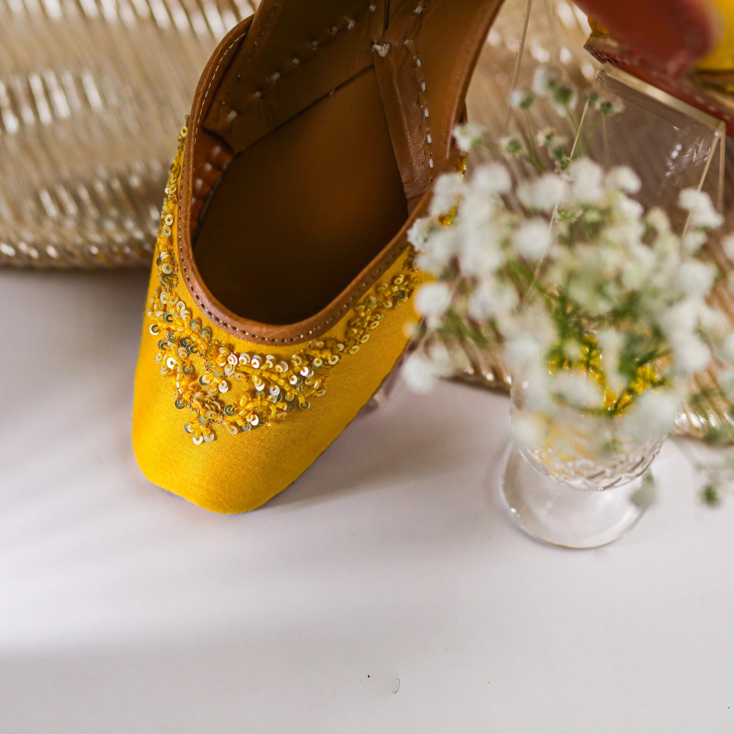 Yellow Sequin Lily Bloom Embroidered Juttis